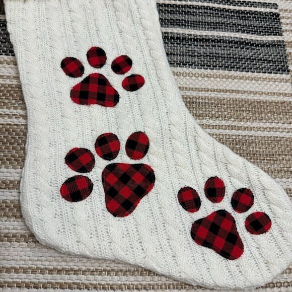 Pet Accessories Christmas Stocking Paw Print Cable Knit Faux Fur White Multi - Picture 3 of 7